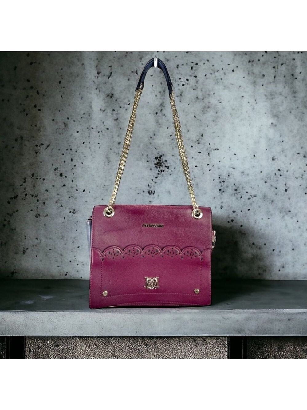 Love Moschino Plum Leather Flap Bag w/Scalloped Edge